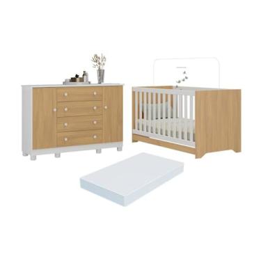 Imagem de Berço Americano 3 em 1 com Colchão Incluso e Cômoda 2 Portas 4 Gavetas Allegra Multimóveis Mp4704 Branco/madeirado