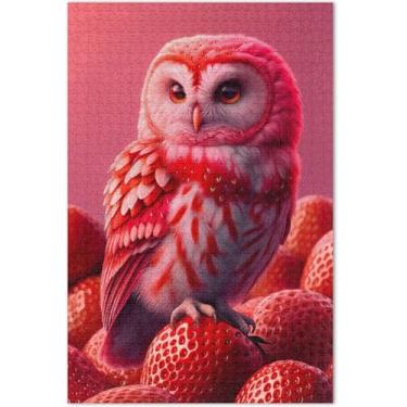Imagem de Quebra-cabeça vermelho de coruja de morango para adultos 1000 peças engraçadas e engraçadas, presentes para família, quebra-cabeça de arte animal