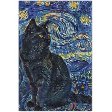 Imagem de Quebra-cabeça de gato preto noite estrelada para adultos 500 peças quebra-cabeça colorido engraçado arte brinquedo pintura
