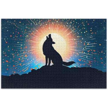Imagem de Silhueta lobo uivando lua quebra-cabeça 1000 peças adultos quebra-cabeça brinquedo arte paisagem quebra-cabeças jogo presentes técnicos, 75 x 40 centímetros