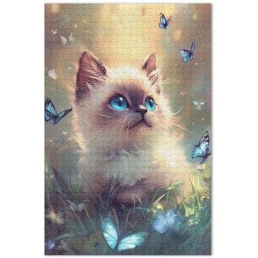 Imagem de Quebra-cabeça fofo de gato ragdoll borboleta 500 peças para adultos presentes de festa de elefante branco quebra-cabeças exclusivos personalizados para adultos paisagem arte, 50 x 35 centímetros