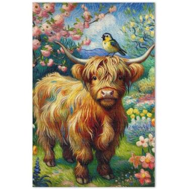 Imagem de Quebra-cabeça personalizado com pintura de flor de bezerro de vaca Highland 1000 peças para adultos, amigos, família, jogos, presentes, quebra-cabeças difíceis, pintura de animais, 75 x 40 cm