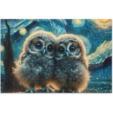 Imagem de Corujas fofas noite estrelada 1000 peças quebra-cabeça adultos família quebra-cabeça amantes presentes colorido flor animal impressão, 75 x 40 centímetros