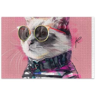 Imagem de Quebra-cabeça de pintura de gato engraçado, 1000 peças, presentes adultos para amantes de quebra-cabeças, paisagem, quebra-cabeça artístico