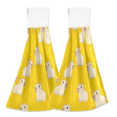 Imagem de Toalhas de mão penduradas para cozinha, capivaras fofas de desenhos animados, conjunto de 2 toalhas de banheiro amarelas, absorventes e fofas, toalhas de cozinha e casa, 46 x 35 cm