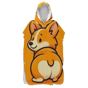 Imagem de TSENQUE Roupão absorvente para adultos poncho de surfe praia moletom toalha floral bonito desenho animado corgi cão engraçado masculino poncho com capuz