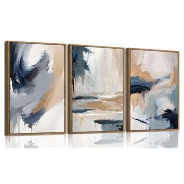 Imagem de KISSFOX Arte de parede emoldurada de 3 peças, decoração de parede abstrata, azul marinho, marrom, imagens modernas, minimalistas, pinturas de pinceladas grandes, obras de arte para sala de estar