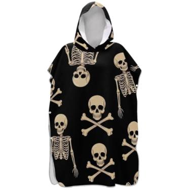 Imagem de Joisal Poncho de surfe para trocador adulto toalha de banho com capuz tamanho grande unissex poncho adulto com capuz bege esqueleto crânio preto
