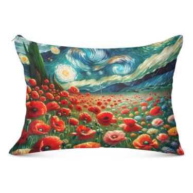 Imagem de Starry Poppy Dreamscape Capas de travesseiro de flanela grandes decorativas longas padrão Queen King Travesseiros bonitos para cama grande, tamanho do corpo, 53 cm x 137 cm