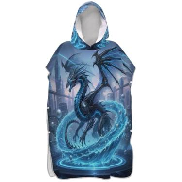 Imagem de Joisal Poncho de surfe trocador de roupão adultos praia banho com capuz toalhas reutilizáveis adulto ponchos para mulheres azul legal dragão animal