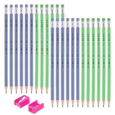 Imagem de M&G Lucky Series Pacote com 24 lápis de madeira 2B, pré-afiados com 2 mini apontadores, barris sólidos hexagonais verdes e roxos com borrachas combinando para escola e sala de aula, material de