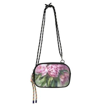 Imagem de TSENQUE Bolsa feminina transversal pequena de viagem pequena bolsa de ombro carteira de alça longa bolsa para celular buquê rosa peônias flores