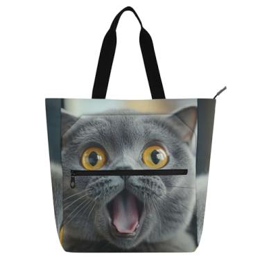 Imagem de GAIGEO Sacola engraçada surpresa cinza livro gato para crianças mulheres com zíper bonito estampa animal escola trabalho viagem reutilizável bolsa média