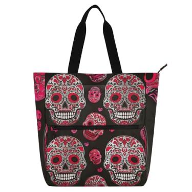 Imagem de GAIGEO Bolsa feminina de lona com zíper, cores de caveira de açúcar, vermelha, preta, bolsa mensageiro com compartimentos