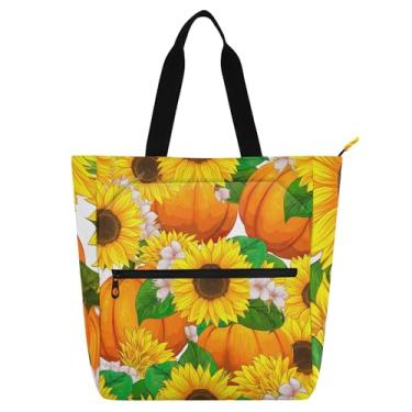 Imagem de Sacola feminina vibrante de girassóis e abóboras, para trabalho, lona, praia, livro, com zíper, bolsas mensageiro, presente para amantes de livros
