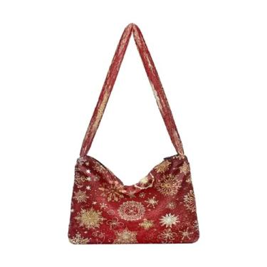 Imagem de Bolsa de ombro feminina vermelha com flocos de neve dourados, bolsa de mão para mulheres, bolsas de outono, Variedade de flocos de neve e corações, One Size