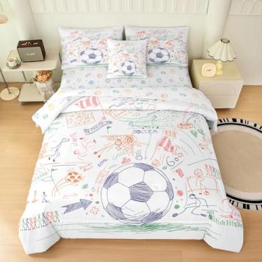 Imagem de Jogo de cama casal de 6 peças, com tema de pintura de futebol de jogo de futebol, microfibra macia para meninos e crianças (1 edredom, 1 lençol de cima, 1 lençol com elástico, 2 fronhas e 1 fronha)