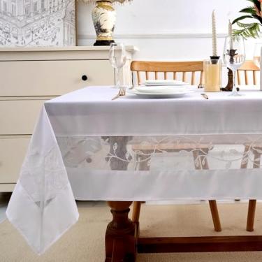 Imagem de youngseahome Toalha de mesa de tecido resistente com borda de renda bordada requintada - à prova d'água/resistente a vincos - para jantar, interior e exterior, casamento, férias, branco, retângulo 132