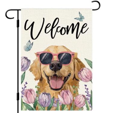 Imagem de DLZDN Welcome Spring Golden Retriever Bandeira de jardim para cães 30,5 x 45,7 cm, dupla face, vertical, serapilheira, quintal, sinalização sazonal, decoração ao ar livre