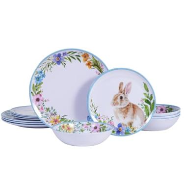 Imagem de Gofunfun Conjunto de louça de melamina com 12 peças, conjunto de louça de coelho e floral para 4, pratos e tigelas de Páscoa inquebráveis para acampamento, jantar no pátio, refeições em família, ideal