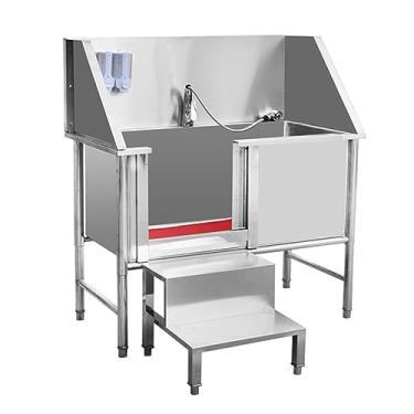 Imagem de Banheira de cuidados para cães de 119 cm, banheira profissional de aço inoxidável para cães de estimação, pia de chuveiro com escadas, porta esquerda para lavagem de cães