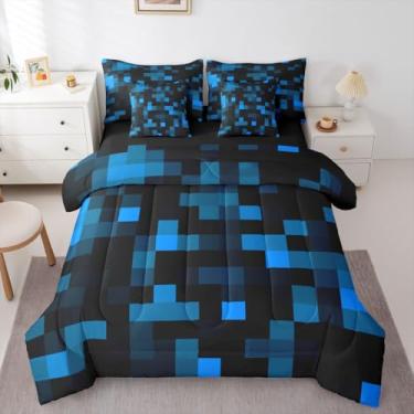 Imagem de jejeloiu Conjunto de edredom Pixelated tamanho casal azul neon, preto, com lençóis, fronhas e capa de almofada, conjunto de cama de 7 peças, supermacio, para decoração de quarto de crianças, meninas
