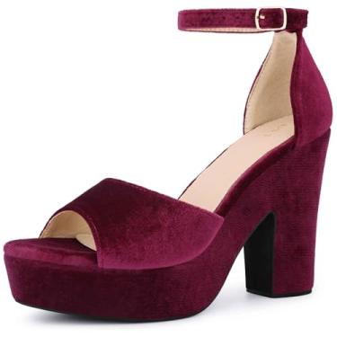 Imagem de Perphy Sandálias femininas de veludo com bico aberto, plataforma alta, tira no tornozelo, salto grosso, Borgonha, 36