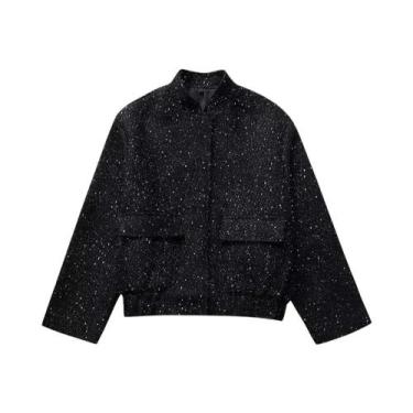 Imagem de Jaqueta Feminina De Lantejoulas Douradas Com Gola Redonda, Manga Longa