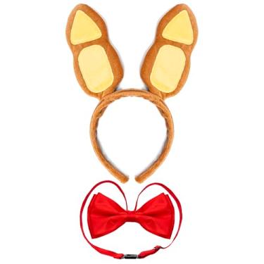 Imagem de MORTICIA Conjunto de 2 peças de acessórios de fantasia de coelhinho da Páscoa com tiara de orelhas de coelho e gravata borboleta vermelha para Halloween, cosplay, festa (marrom escuro)