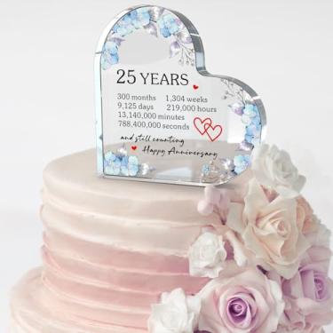 Imagem de Topo de bolo de acrílico prata aniversário de casamento 25 anos, bloco de acrílico de coração de folhagem prata, decoração de bolo de 25º aniversário elegante e presente de lembrança para casais (10