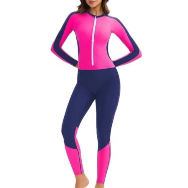 Imagem de HISETPFDE Maiô feminino com zíper frontal Rash Guard manga comprida controle de barriga surfe esportivo rosa