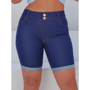 Imagem de Short jeans escuro feminino meia coxa lycra cintura alta modelador com