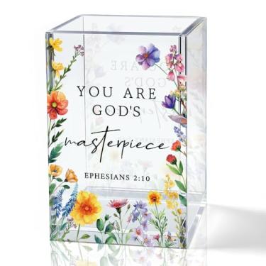 Imagem de QYUVK You Are God's Masterpiece Porta-lápis de acrílico, suporte de caneta floral cristã para mesa, presentes cristãos para mulheres e meninas, versículos da Bíblia, organizador de pincéis de