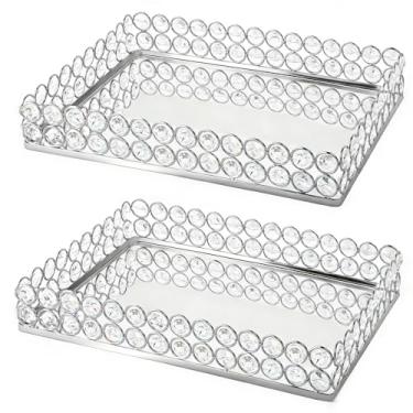 Imagem de Bandeja espelhada de cristal de metal – Bandeja de mesa de centro de mesa de 28,4 x 20,6 cm, exibição multifuncional para flores/cupcakes/joias, organizador de vaidade e enfeite de mesa de sobremesa