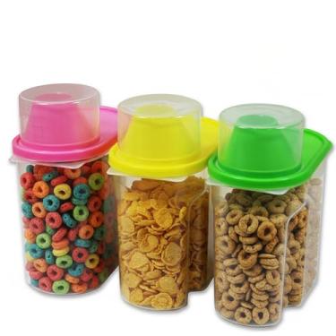 Imagem de Basicwise Pequeno recipiente de plástico livre de BPA para alimentos, recipientes de armazenamento de cereais de cozinha com tampa graduada, conjunto de 3, verde, rosa e amarelo (QI003216.3S)
