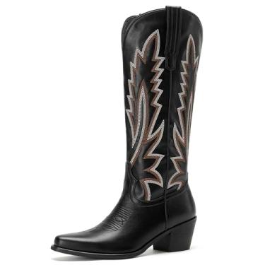 Imagem de Cozivwaiy Botas caubói femininas cowgirl western bico quadrado salto grosso bordado cano alto moda country concerto botas, Preto, 35