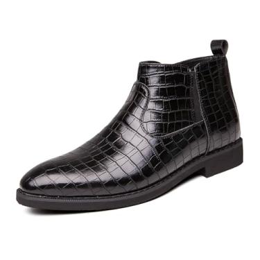 Imagem de Chelsea Botas masculinas com zíper lateral sem cadarço estilosas com estampa de crocodilo couro PU salto baixo botas no tornozelo, Preto, 37 BR