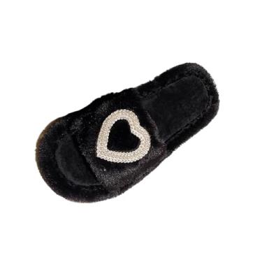 Imagem de Pantufas femininas casuais com bico aberto em formato de coração para outono inverno, Preto, 36