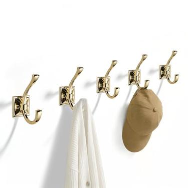 Imagem de TUNNY Pacote com 5 ganchos para pendurar na parede com design antigo – Ganchos dourados polidos para toalha para armário de sapatos de entrada, guarda-roupa, banheiro, quarto, móveis
