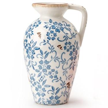 Imagem de Vaso antigo de porcelana azul e branco, vaso floral vintage chinoiserie de 22 cm, vaso de cerâmica rústica para decoração de casa, sala de estar, estante de livros, escritório, entrada, jardim