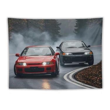 Imagem de HouLaiZhe JDM Tapeçaria de carro Drift carro esportivo R32 Vs S15 legal Jdm pendurado na parede quarto decoração de casa tapeçarias estética piquenique decoração de parede arte de parede para