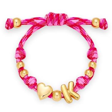 Imagem de HolidayQbee Pulseira feminina com inicial bolha banhada a ouro 14 K delicada, com letra de bolha, inicial, coração, personalizada, feita à mão, ajustável, joias, presentes para o Dia dos Namorados