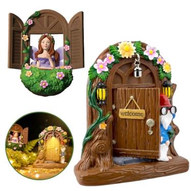 Imagem de Exasinine Porta de fada e janelas acessórios de jardim de fadas com estátua de gnomo para quintal jardim escultura ornamento de gramado acessórios de decoração ao ar livre