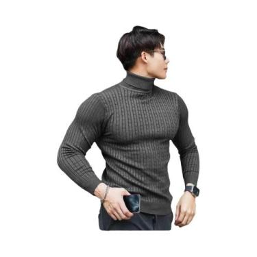 Imagem de Suéter Masculino De Tricô Quente Com Gola Alta, Manga Longa, Listrado,
