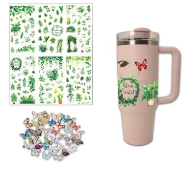 Imagem de 6 folhas de flores transparentes naturais e 40 peças de adesivos de borboleta realistas para decoração de copos Stanley, decalques de vinil personalizados à prova d'água fofos para copo DIY Mixed2