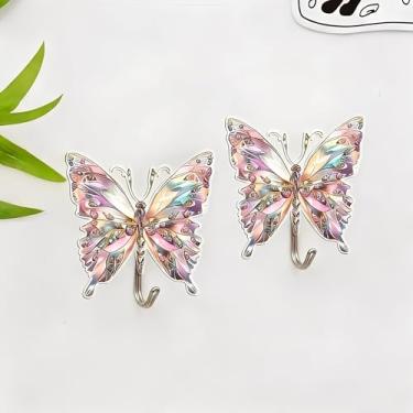 Imagem de 2 peças de ganchos acrílicos iridescentes de borboleta rosa, ganchos decorativos de parede adesivos para porta de banheiro, cozinha, quarto, cabides para chaves, toalhas, bolsas, presente ideal para