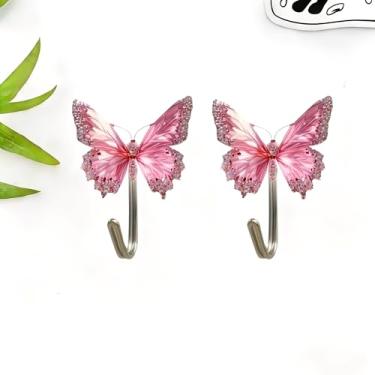 Imagem de 2 peças de ganchos de acrílico de borboleta de cristal rosa, ganchos decorativos de parede adesivos para porta de banheiro, cozinha, quarto, cabides para chaves, toalhas, bolsas, presente ideal para