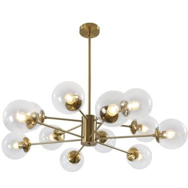 Imagem de Lustre Sputnik moderno de 12 luzes, lustre de vidro transparente com bolhas, estilo meados do século XX, luminária pendente grande dourada em formato de globo, ideal para sala de jantar em e