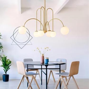 Imagem de Lustre retrô com globo de vidro e estrutura metálica, 8 lâmpadas, estilo Sputnik, dourado, ideal para sala de jantar, sala de estar, quarto, cozinha, escada e escritório. Luminária pendente