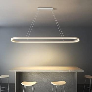 Imagem de Luminária pendente LED moderna para escritório ou sala de jantar com design oval, dimerizável e com controle remoto. Altura ajustável, ideal para mesas de escritório, sala de jantar e área d
